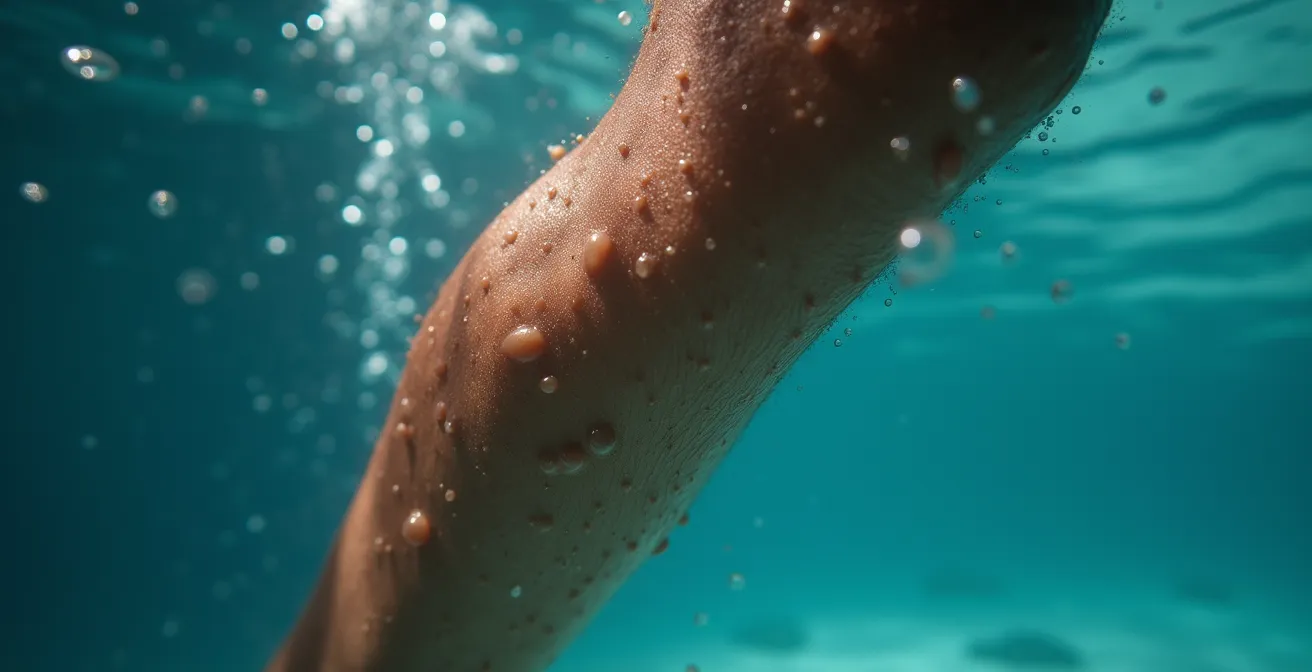 Vue macro sur les fibres musculaires d'une jambe en contraction sous l'eau