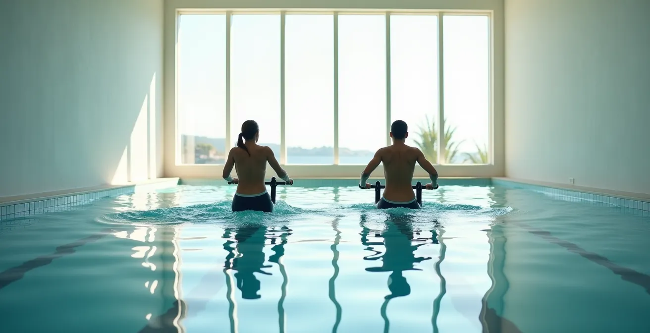 Vue large d'un cours d'aquabike en piscine montrant plusieurs personnes avec une posture parfaite