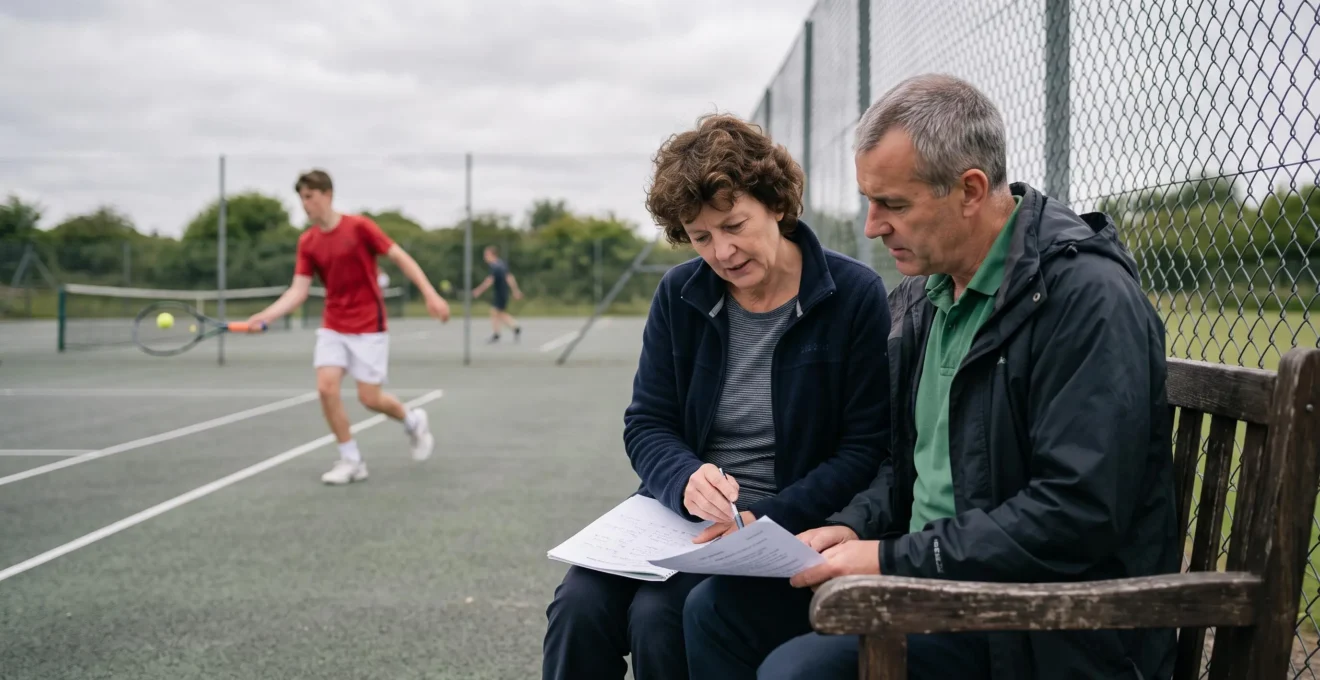 Un entraîneur et un parent discutent sur un banc au bord d'un court de tennis.