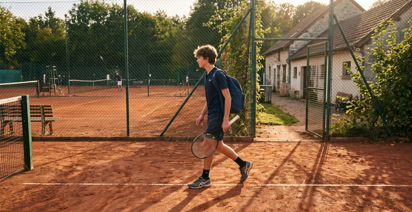 Un jeune joueur de tennis traverse un court en terre battue, raquette à la main et sac d'école sur l'épaule.