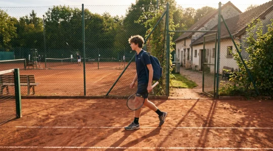 Un jeune joueur de tennis traverse un court en terre battue, raquette à la main et sac d'école sur l'épaule.