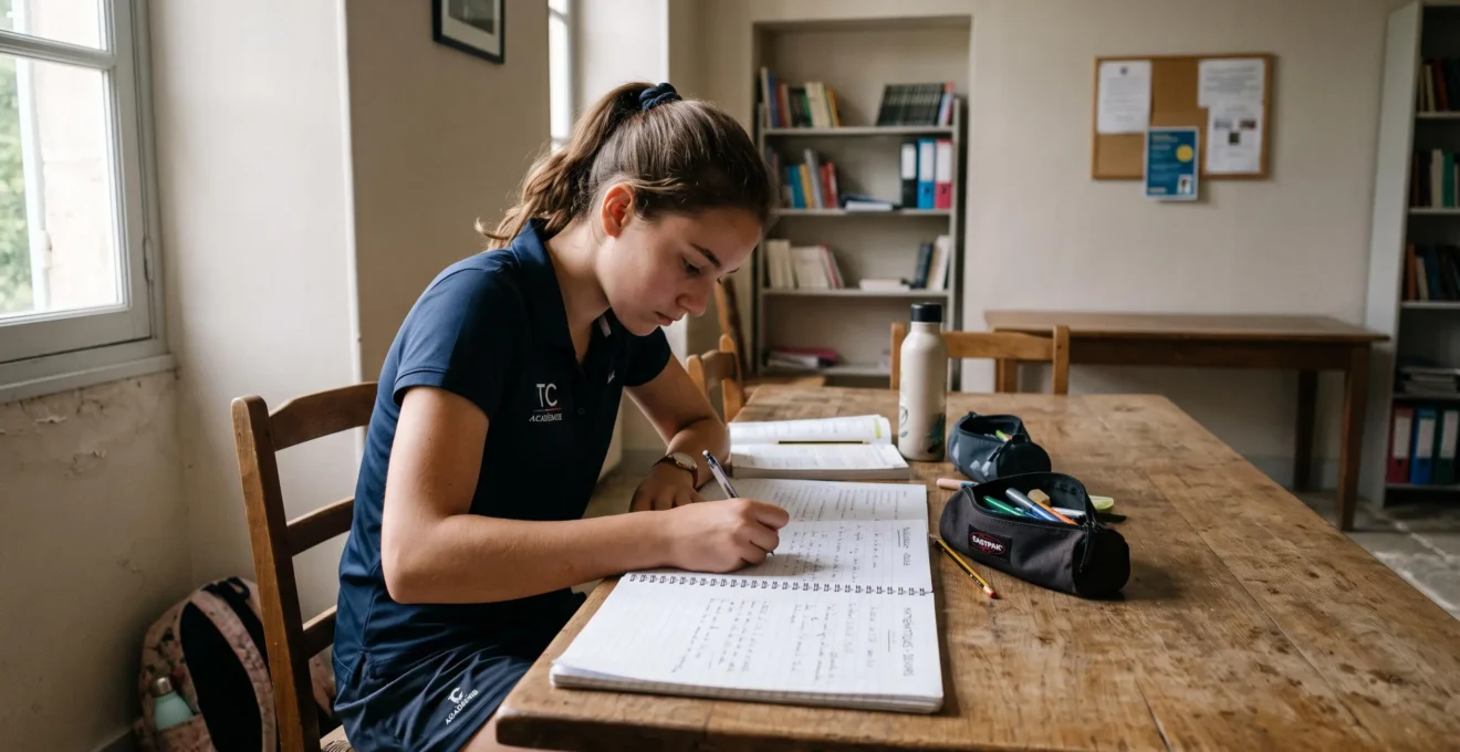 Une jeune joueuse en tenue de sport fait ses devoirs dans une salle d'étude.